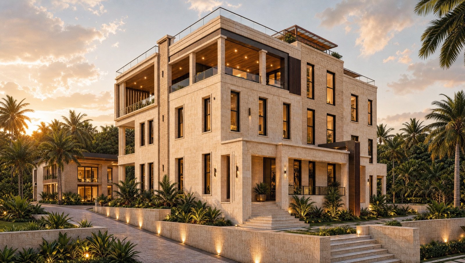 La villa livrée, façade en pierre, éclairage allumé