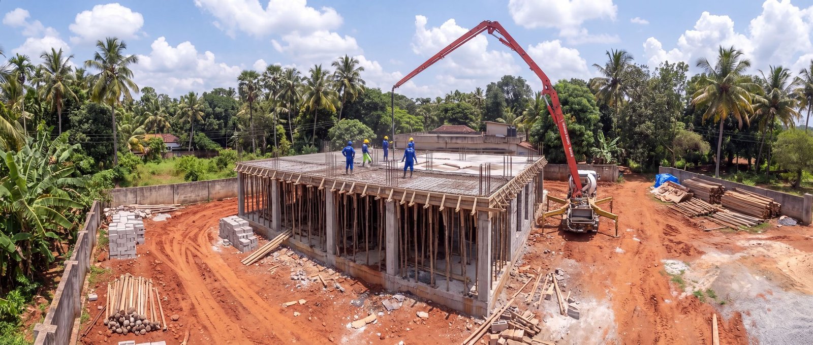 Coulage du plancher haut sur un chantier Glocal-Atom, pompe à béton déployée, équipe au travail
